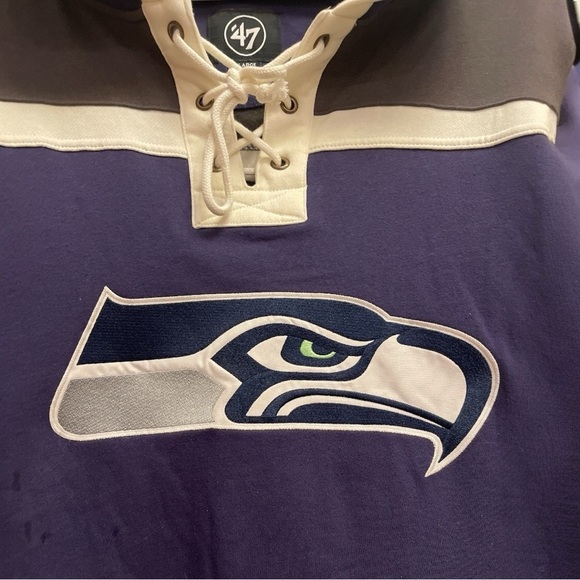 Seattle Seahawks '47 XL Lacer V-Neck Pullover Hoodie - Navy/Black licensed gear - Picture 4 of 8